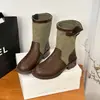 Botas de Moda Estilo Europeu Meio da Panturrilha Femininas Outono 2026 Novas Botas com Solado Grosso Salto Alto Fivela Bico Redondo Design com Costura