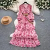 Vestido Retro Floral Francês com Decote V e Manga Longa para Mulheres, Estilo Coreano de Verão com Efeito Emagrecedor Vestido de Camadas Ruffle Romântico Elegante