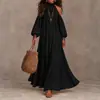 Vestido Feminino Transfronteiriço Europeu e Americano Cor Sólida Ombro a Ombro Gola Alta Alcinha Manga Lanterna Barra Larga Longo Solto Emagrecedor
