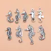 Set de 9 Colgantes Pequeños de Hipocampo de Plata Antigua y Accesorios, 9 Estilos, 1 de Cada Uno, Cada Set Pesa Aproximadamente 16g