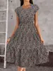 Vestido de Manga Corta con Estampado de Dobladillo Ancho Estilo Europeo y Americano Nuevo Primavera y Verano para Mujer Falda Midi Casual Estilo Resort Línea A