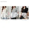 Top de Punto Patchwork Estilo Japonés con Volantes de Satén, Manga Corta Abullonada, Cuello Redondo, Camisa de Capas Adelgazante