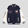 Chaqueta de Béisbol Bordada con Manzana de Marea Nacional Americana para Hombre y Mujer Diseño Retro de Bloques de Color Sentido del Diseño Nicho Holgada Casual Chaqueta Abrigo