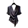 Camisa a rayas de manga corta con cuello en V, elegante y a la moda, nuevo estilo de verano, chic, rejuvenecedora, adelgazante, versátil, top que ciñe la cintura