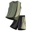 Camiseta sin mangas de seda de hielo para hombre, verano, fina, secado rápido, manga corta, pantalones cortos, conjunto de dos piezas de chaleco deportivo de secado rápido para fitness