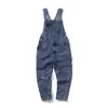 Calça jardineira Yu Wenle masculina moda solta reta peça única macacão moda combina com tudo rasgado retrô casual jeans