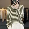 Tops Femininos de Outono Tricô Listrado de Duas Peças Falsas Manga Longa Gordinha mm Cobrindo a Barriga Look Emagrecedor Tricô Camiseta de Base