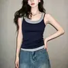 Camisole Color Block Picante Estilo Americano Falso Duas Peças para Mulheres, Top Curto de Verão Fino Slim Fit Sem Mangas