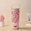 Taza aislada con asa de estampado de leopardo, elegante taza de hielo de gran capacidad para niñas, vaso de agua exterior con popote de acero inoxidable 316