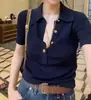 Camiseta Blanca de Punto de Manga Corta para Mujer con Cuello Polo Elegante Estilo Francés, Top de Verano de Alta Gama Ajustado Adelgazante