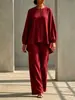 Conjunto Casual de 2 Piezas para Mujer 2026 Estilo Nuevo Transfronterizo Europeo y Americano, Top Sencillo Holgado de Algodón y Lino de Manga Larga y Pantalones Rectos