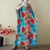 Vestido de Verão Feminino Plus Size com Decote V de Algodão e Linho Extra Grande Solto Artístico para Férias na Praia Vestido Longo Retrô