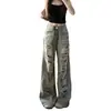 Jeans Rectos Desgastados Rasgados Estilo Retro Americano para Personas Bajas Mujer Sueltos de Cintura Alta Adelgazantes de Pierna Ancha Pantalones de Largo Hasta el Suelo