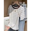 Algodón Puro Marca de Moda Raya Americana Hombro Manga Corta Camiseta Mujer Verano Moda de Alta Gama Moderna Holgada Adelgazante Cuello Redondo Top