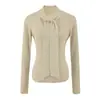 Top de punto gris semitransparente con cuello en V y lazada para mujer, otoño e invierno, con un diseño único, corte ajustado, top de manga larga para llevar debajo