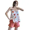 Pijama de Shorts com Alça de Verão Feminino Pêssego com Bojo Conjunto de Roupas de Casa Soltas para Meninas