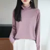 Suéter de punto de manga larga con cuello alto 100% algodón para el trabajo, elegante, verde, casual, versátil, prenda básica