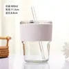 Caneca de Presente de Alto Acabamento, Caneca de Bambu com Canudo Estilo Ins, Caneca Portátil para Escritório, Caneca de Vidro, Caneca de Água Impressa