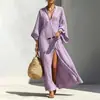 Verão 2026 Novo Cruzamento Europeu e Americano Roupas Femininas Casuais Férias Cor Sólida Decote V Vestido Longo Solto Vestido com Fenda Alta