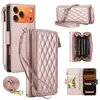 Adecuado para funda de cuero para iPhone 17, Samsung S26 patrón de lichi forma de diamante pequeña cremallera estilo Chanel funda protectora cruzada A27