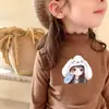 Ropa interior térmica para niñas con borde de hongo negro, ropa de otoño e invierno, camiseta de manga larga con medio cuello alto de forro polar, top cepillado para niños, versátil