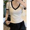 Camiseta de Manga Corta con Cuello en V y Costuras en Color Contrastante para Chica Sexy, Bordada con Lazo, Verano para Mujer, Hombro Derecho Elástico, Cintura Ajustada, Top Ceñido