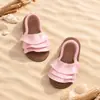Sandalias elásticas de volantes para niñas, suela suave, antideslizantes, satén, planas, estilo dulce, pantuflas para niños