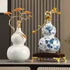Adorno de Calabaza de Cerámica Esmaltada con Acabado de Alta Gama, con un Patrón Azul y Blanco, Adecuado para Sala de Estar, Vinoteca, Oficina o Decoración de Casa Nueva en Estilo Chino Moderno