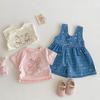 Camiseta con lazo para niña, novedad de verano 2025, top con cordón de dibujos animados para bebé, moda infantil, tirantes vaqueros