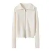 Cardigã feminino de cashmere, 100% cashmere de cabra puro, gola revers, zíper duplo, cor sólida, canelado, suéter de tricô de caimento solto