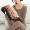 Roupa íntima térmica de veludo feminina para primavera, outono e inverno, com forro de fleece, conjunto de calças compridas seamless