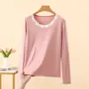 Nuevo Top Básico de Encaje Patchwork de Manga Larga para Mujer Otoño/Invierno 2026, Top Interior de Cuello Redondo, Engrosado Cepillado para Calidez, Ropa de Otoño