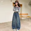 Jeans para niñas primavera/otoño 2026 nuevo estilo pantalones anchos elegantes para niños con solapa trasera, pantalones rectos de moda para niños mayores