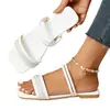 Novas Sandálias Slip-On Femininas de Tecido com Strass de Tamanho Grande para Comércio Exterior, Sandálias Quadradas Planas Confortáveis para Uso Externo