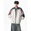 Sudadera con cremallera a rayas y bloques de color, cuello alto, estilo retro americano, versátil, para hombres y mujeres, chaqueta casual y elegante para otoño e invierno
