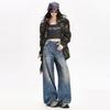 Jeans de Cintura Alta Estilo High Street Americano Garota Picante com Manchas de Tinta Graffiti Perna Larga para Mulheres, Calças Rasgadas de Outono, Calças de Comprimento Total Estilo Wasteland Vintage