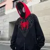 Novo cardigã com capuz de estilo de rua transfronteiriço com design de camada dupla, padrão de aranha contrastante preto e vermelho e zíper