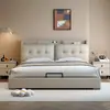 Couro Genuíno Moderno Minimalista Quarto de Casal Gaveta Cama de Casal Cama Grande Cabeceira Armazenamento Cama de Casamento Cama com Armazenamento Multifuncional Madeira