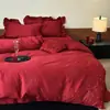 Set Romántico de Encaje Rojo Bordado con Rosas de Algodón de Fibra Larga Satín Sedoso Puro Algodón Juego de Cama
