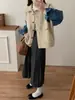 Cardigan de Lã Dupla Face com Mangas de Tricô Patchwork Denim Europeu 2025 Outono e Inverno Novo Estilo Coreano Casaco Suéter Solto para Mulheres