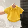 Roupa Infantil Coreana 2026 Verão Nova Chegada Amarelo Tricô Vazado Manga Curta Infantil Dopamina Gola Polo Camisa Shorts
