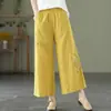 Calça reta de perna larga de algodão e linho bordada estilo étnico retrô para mulheres, cor sólida, cintura elástica, estilo solto, fina, para 100kg, para primavera e verão