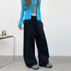 Pantalones casuales rectos de algodón puro azul marino para mujer, nuevo diseño 2026, de cintura alta, con tiras, corte holgado, pantalones deportivos de pierna ancha