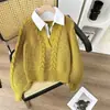 Suéter de Punto Trenzado con Cuello de Camisa Estilo Coreano Falso Dos Piezas para Mujer, Suéter Interior de Punto Holgado y Relajado, Top de Mujer de Moda para Otoño e Invierno