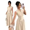 Amazon 2026 Verano Nuevo Estilo Cuello Camisero Diseño Ceñido a la Cintura Color Sólido Texturizado Vestido Largo de Corte A
