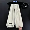 Calça casual reta masculina com padrão ondulado branco, calça de veludo cotelê relaxada e casual para o outono, calça pantalona solta e que afina