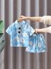 7113 Ropa de Playa para Niños traje Verano Camisa de Manga Corta Pantalones Cortos Niños Vacaciones Verano Dos Piezas Internet de Moda