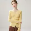 Suéter de Cachemir Europeo y Americano Otoño/Invierno Nuevo para Mujer con Cuello Cruzado, Manga Larga, Corte Ajustado, Favorecedor, Base Irregular
