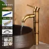 Grifo de Estilo Antiguo Europeo de Cobre Completo Grifo Retro con Junta de Bambú para Lavabo Individual Frío Lavabo Artístico Lavabo de Encimera Grifo de Agua Fría y Caliente