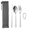 Set de Cubiertos de Acero Inoxidable, Tenedor y Cuchara de Tres Piezas con Gancho de Agujero Único Hueco para Guardar, Bolsa de Tela Portátil para Viajes al Aire Libre, Vajilla Occidental